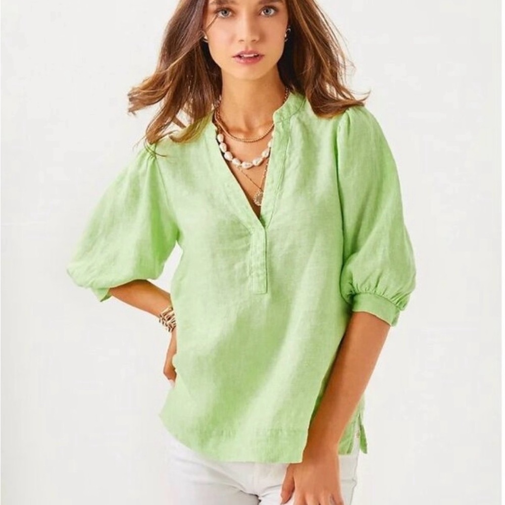 Lilly Pulitzer - Mialeigh Elbow Sleeve Linen Tunic Top Size 16 in Jade Lime